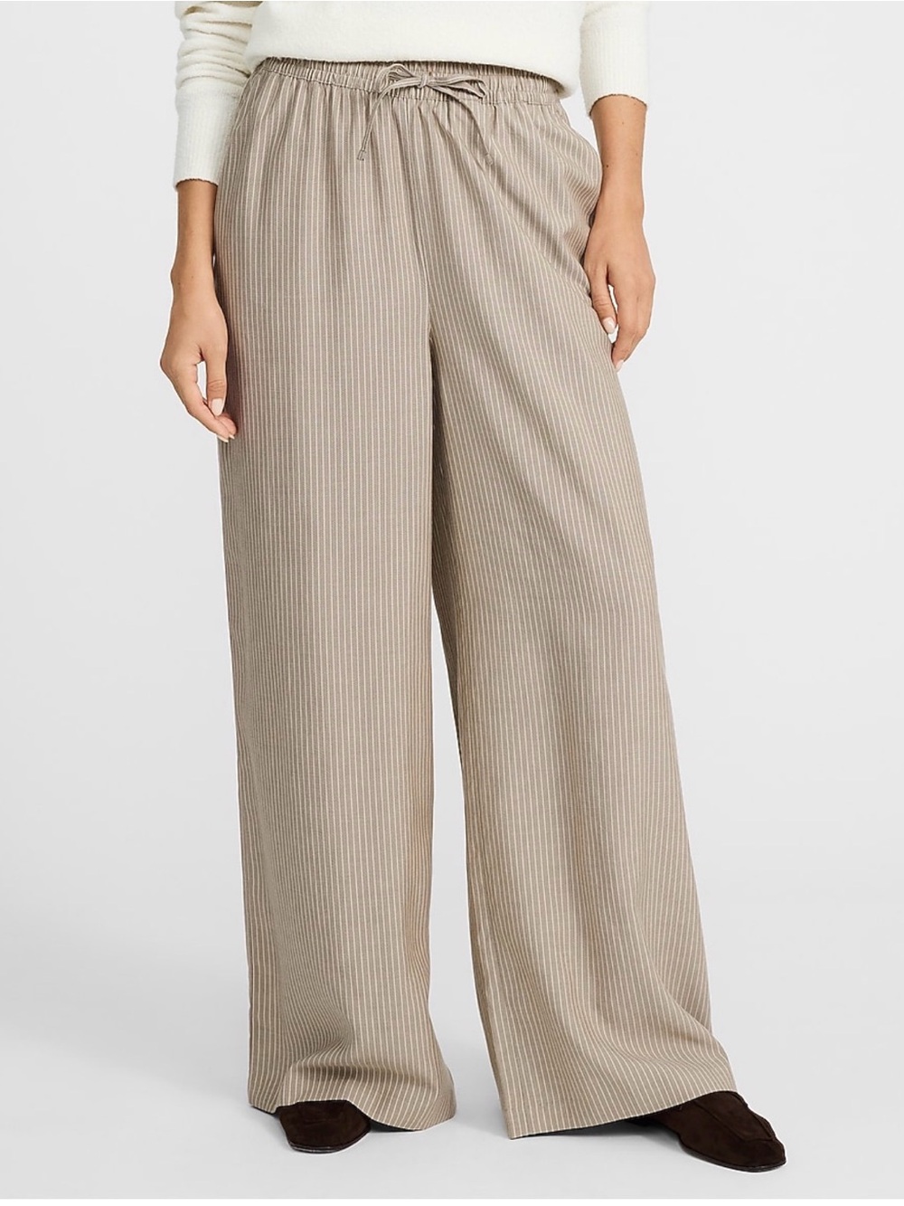 Express Tan Striped High Waisted Drawstring Wide Leg Pants Size M